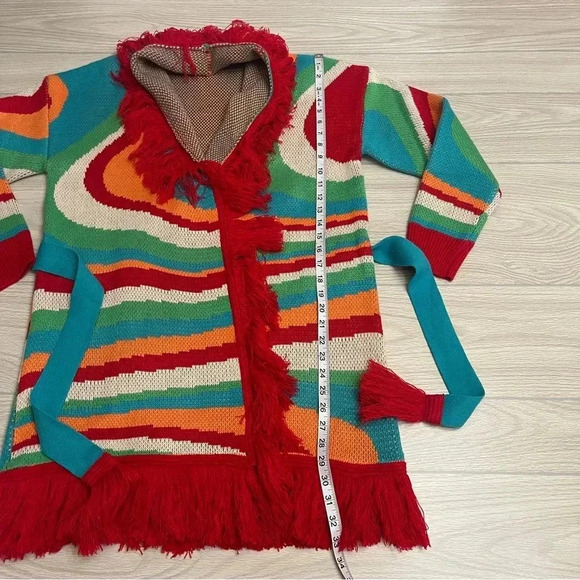 Dee Elly Print Red Fringe Long Open Cardigan Women’s size Small - Picture 11 of 14